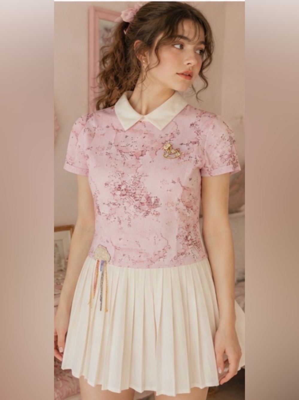 Hello Kitty Pink Map Print Pleated Dress